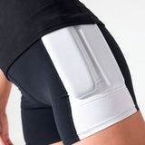 Close-up of the white outer-thigh weight pocket on black PTP Form Microweighted Shorts.