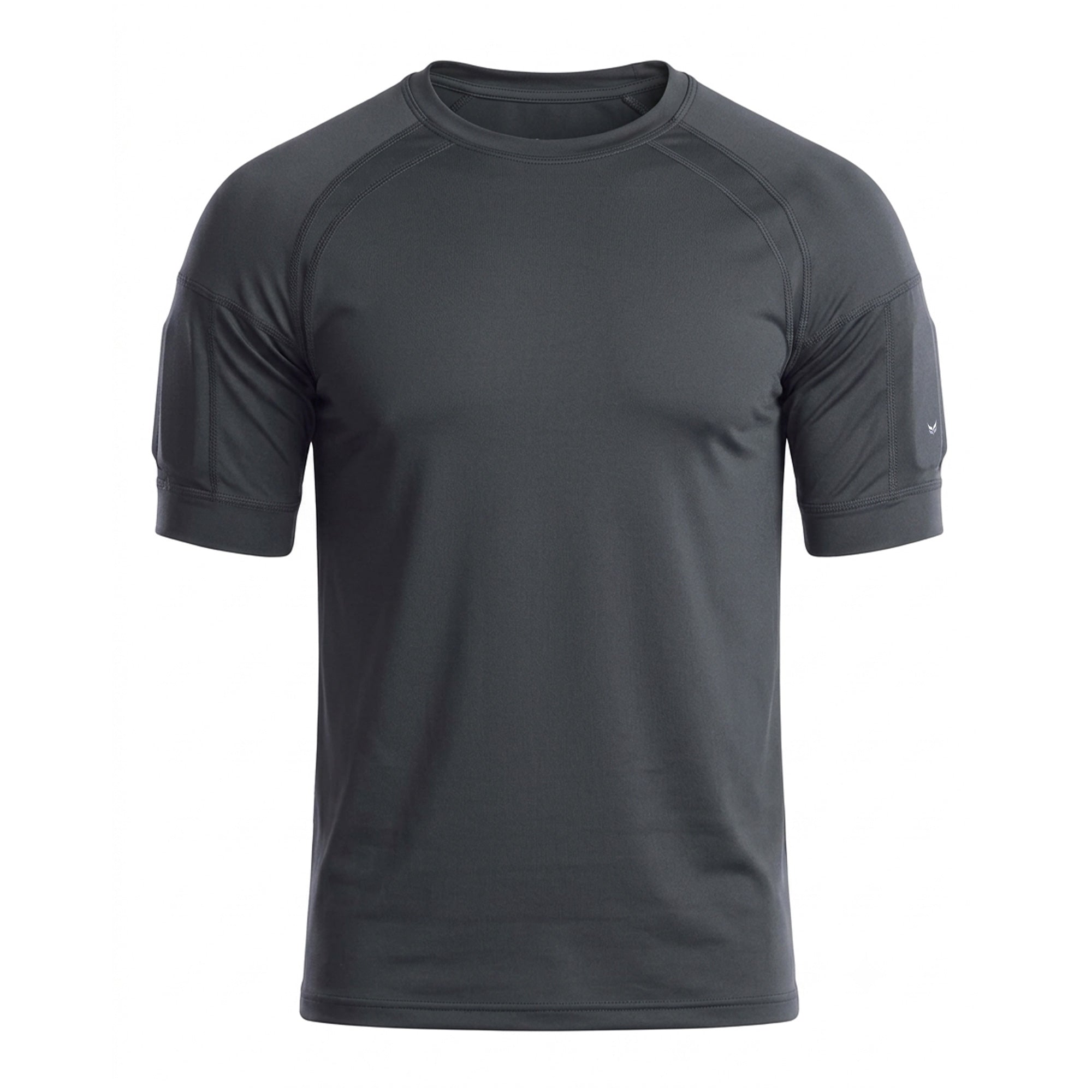 A dark gray athletic short-sleeve t-shirt with raglan sleeves and a crew neck, shown on a plain white background.