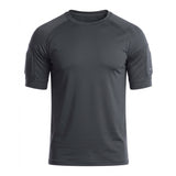 A dark gray athletic short-sleeve t-shirt with raglan sleeves and a crew neck, shown on a plain white background.