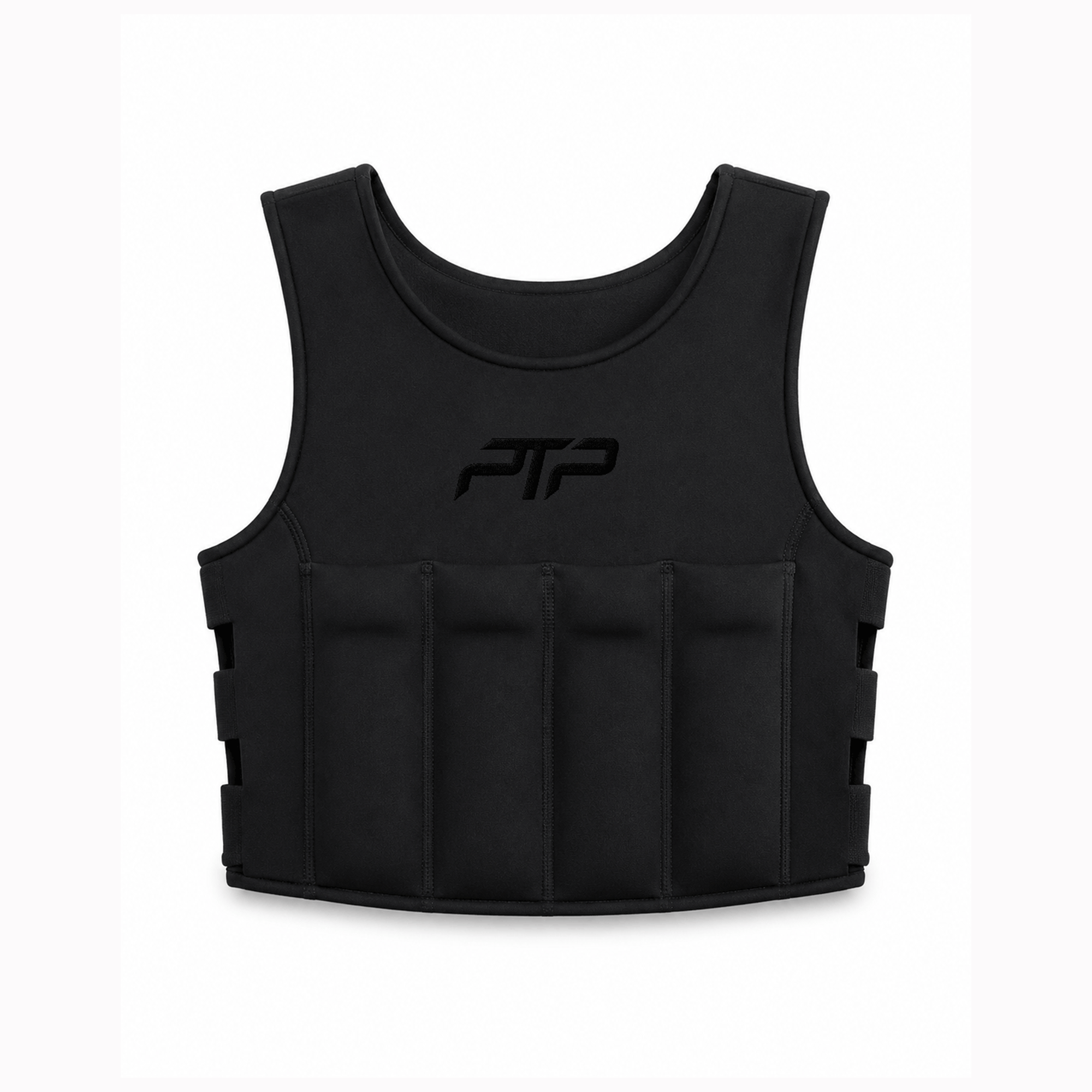 Black PTP Plyoslide Microweighted Vest showing its front weight pockets on a white background.